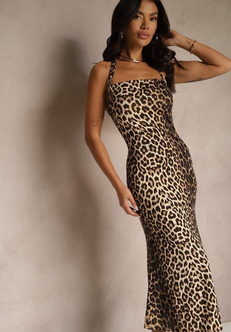 Panterkowa Koktajlowa Sukienka Taliowana z Wiskozą Folarose