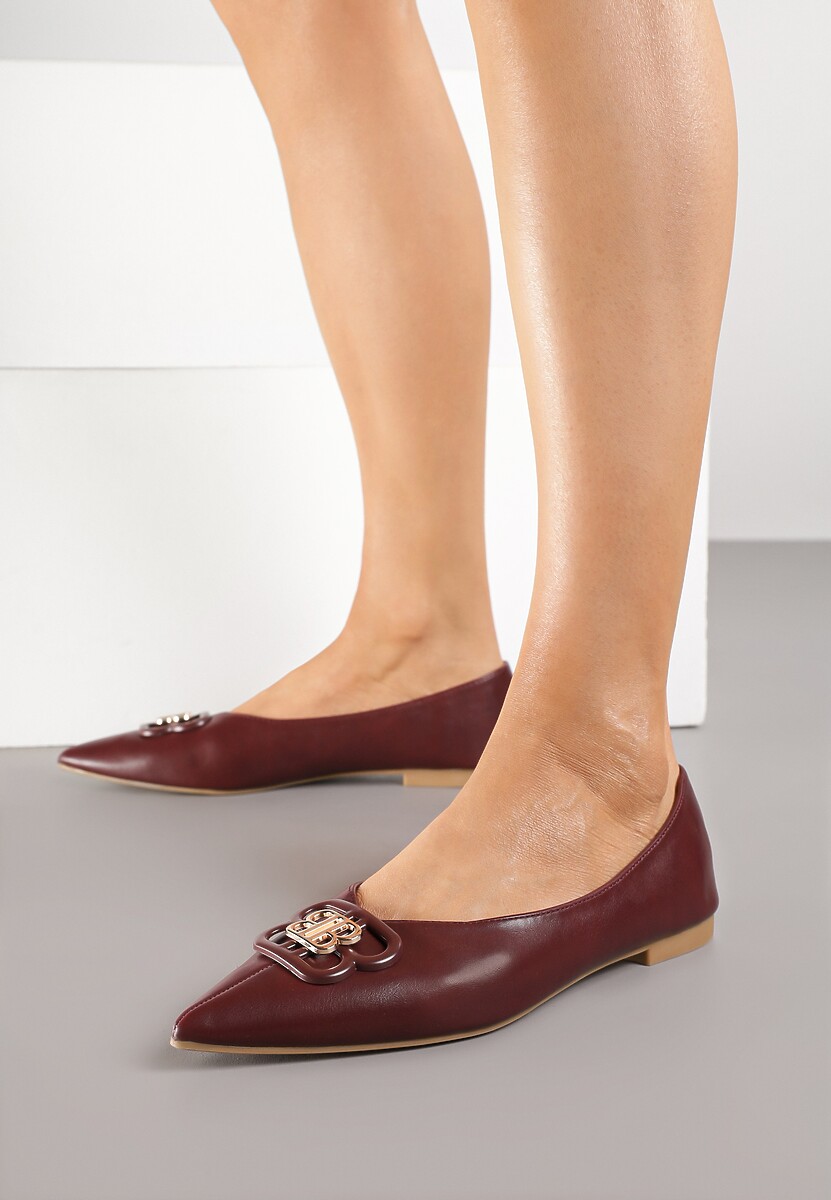 Bordowe Balerinki ze Szpiczastym Noskiem Zdobione Aplikacją Nalamira