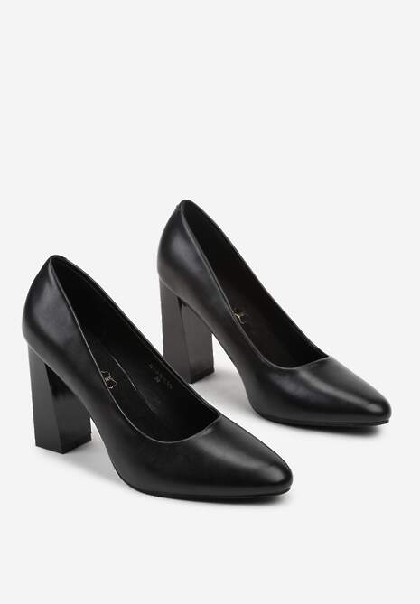 Czarne Czółenka Vices na Słupku Klocku ze Skórzaną Wkładką  Esmela