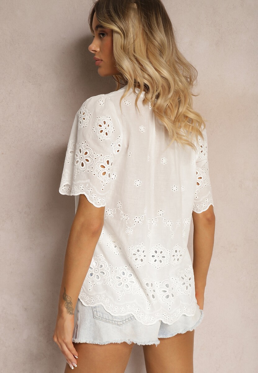 Biała Bawełniana Bluzka z Krótkim Rękawem i Ażurowym Wzorem Tinabeths
