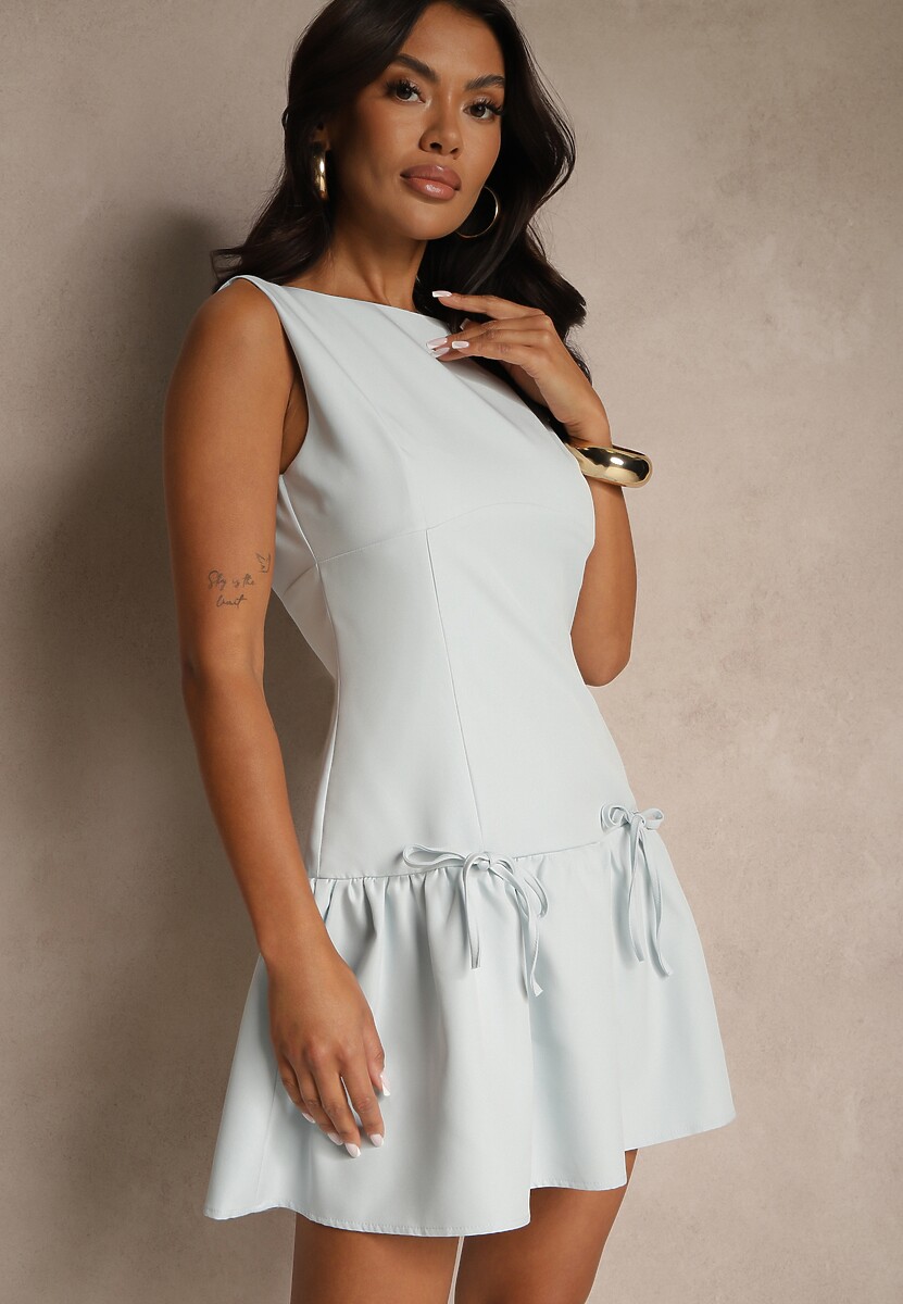 Niebieska Sukienka Vices Drop Waist Bez Rękawów z Kokardkami i Falbanką Follena