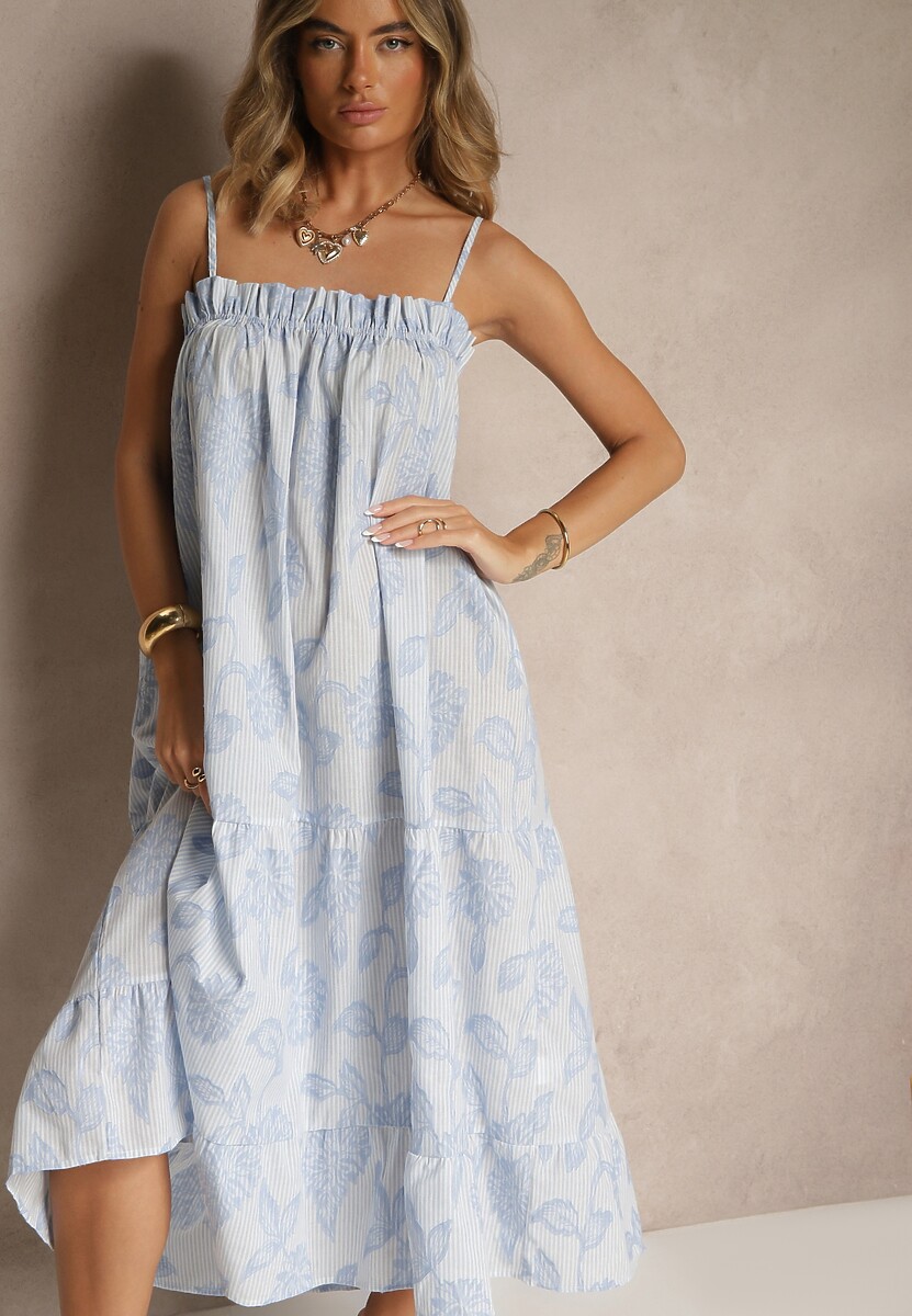 Niebieska Bawełniana Sukienka o Rozkloszowanym Kroju w Kwiaty Meralisa