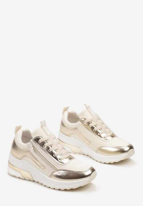 Beżowe Sneakersy z Ekoskóry z Połyskującymi Detalami i Ozdobnym Zamkiem Raviles