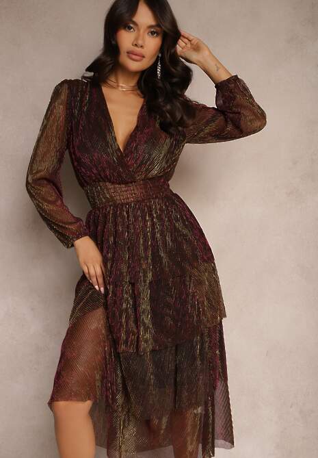 Bordowa Sukienka Błyszcząca z Falbanami i Transparentnym Rękawem Halose