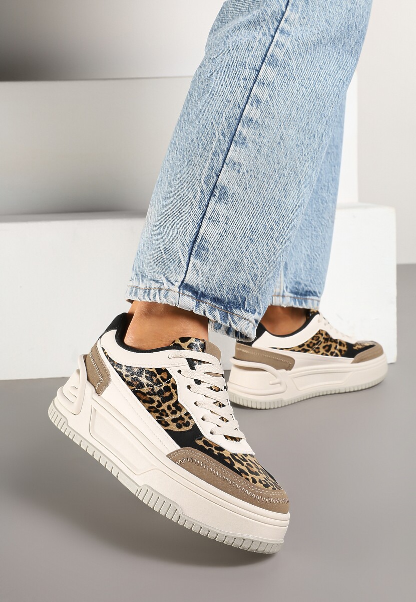 Beżowo-Brązowe Sneakersy na Tłoczonej Platformie Ozdobione Wzorem w Panterkę Deoranae