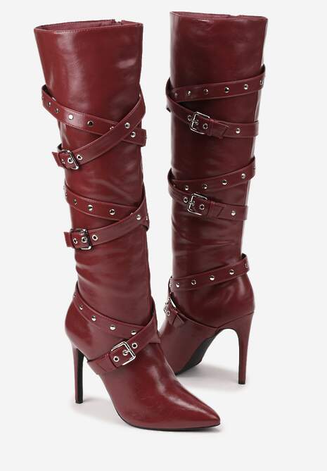 Bordowo-Czerwone Kozaki Bikery na Szpilce z Klamrami i Paskami Jurisse