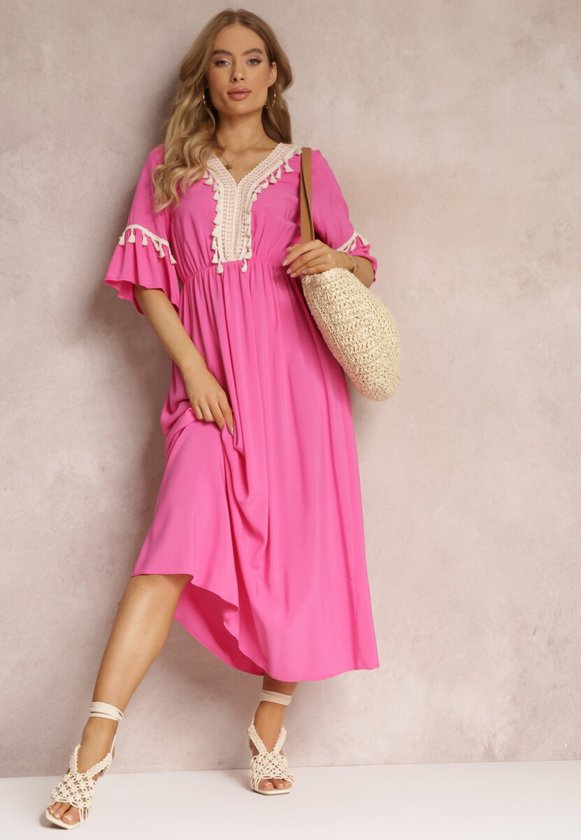 Fuksjowa Sukienka Maxi z Gumką w Talii z Ozdobnymi Chwostami z Wiskozy Zisel