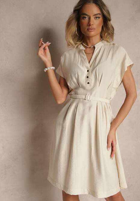 Beżowa Rozkloszowana Sukienka z Wiskozy z Paskiem Zapinana na Napy Seporine