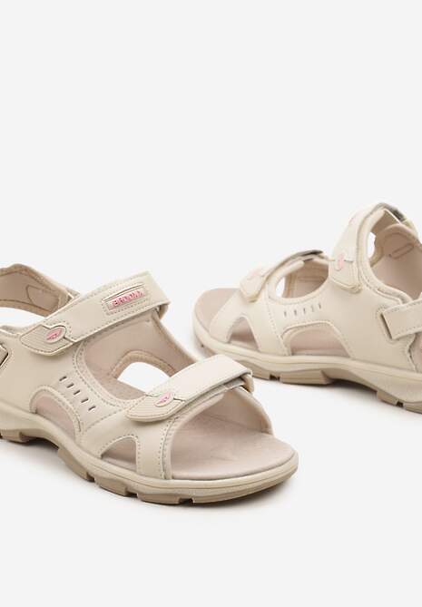 Beżowo-Różowe Sportowe Sandały na Płaskiej Podeszwie ze Skórzaną Wkładką Zapinane na Rzep Frailla