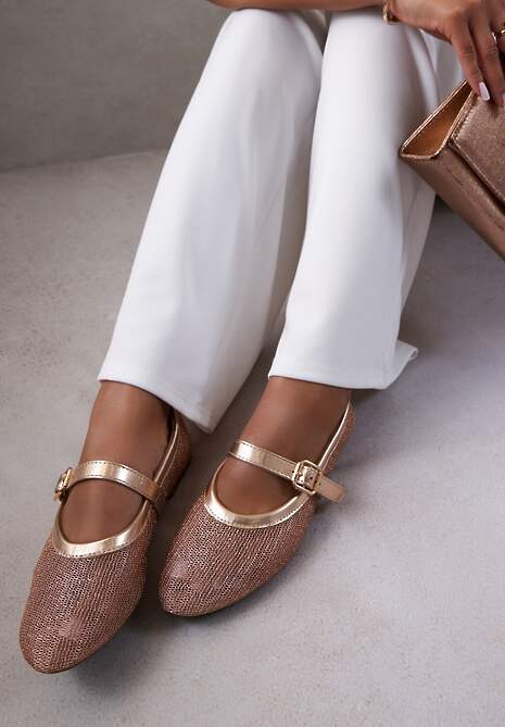 Szampańskie Balerinki Vices w Stylu Mary Jane z Siateczki z Metalicznym Połyskiem Kolarilia