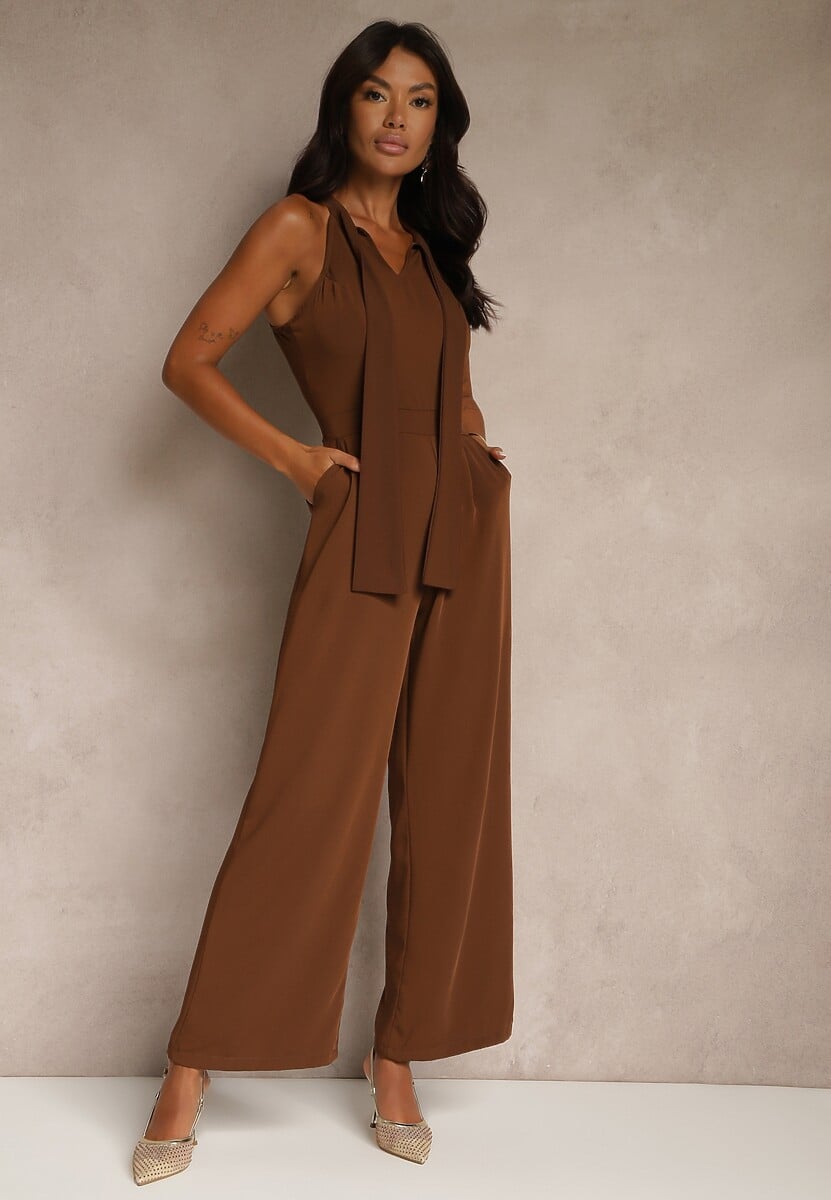 Brązowy Kombinezon Wide Leg z Ozdobnym Wiązaniem przy Szyi Silelia