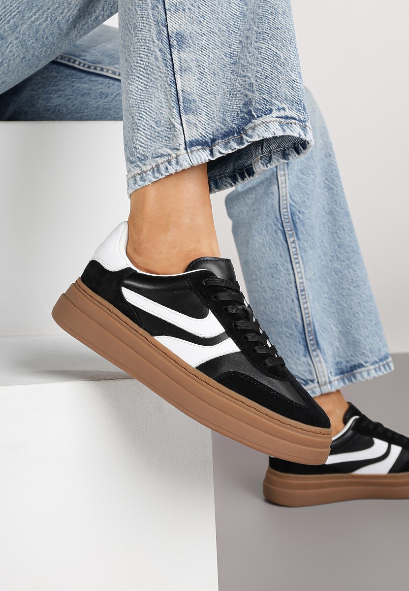 Czarne Zamszowe Sneakersy Tenisówki Ozdobione Geometrycznym Motywem Nalivette