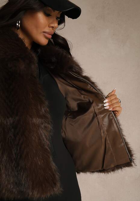 Brązowa Klasyczna Kurtka Futerko z Zapięciem na Zamek Błyskawiczny Tuswella