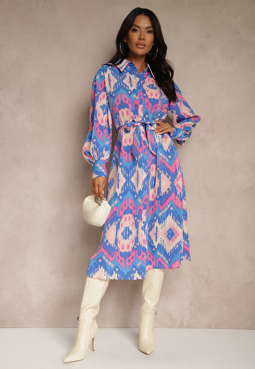 Niebiesko-Różowa Sukienka Midi o Koszulowym Fasonie Ozdobionym Wzorem w Stylu Etno Thailven