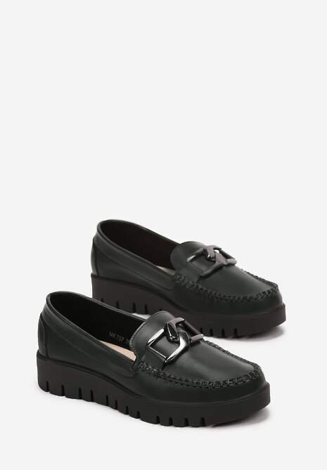 Zielone Mokasyny Wsuwane na Płaskiej Podeszwie z Metalową Aplikacją Handa