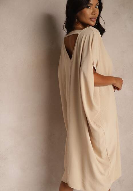 Beżowa Sukienka Mini o Fasonie Nietoperza z Okrągłym Dekoltem Maglia