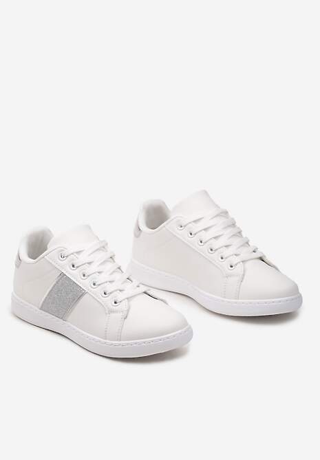 Biało-Srebrne Sneakersy Sznurowane Ozdobione Brokatem Vistasta