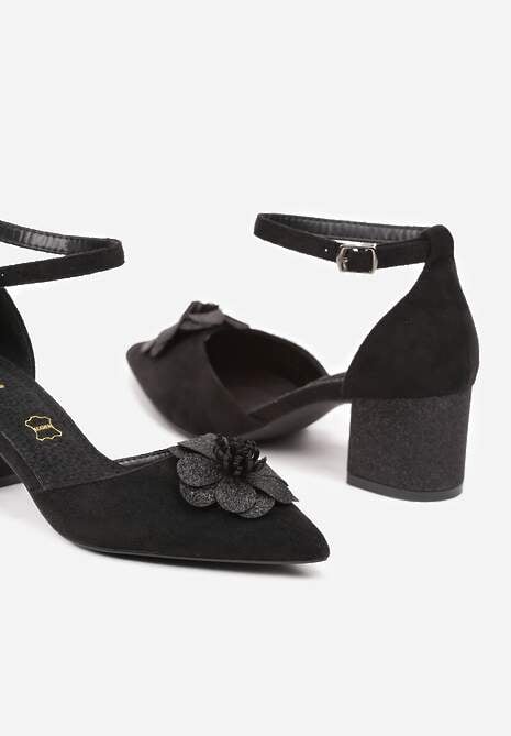 Czarne Czółenka na Słupku Vices ze Skórzaną Wkładką i Kwiatową Aplikacją z Brokatem Leandriel