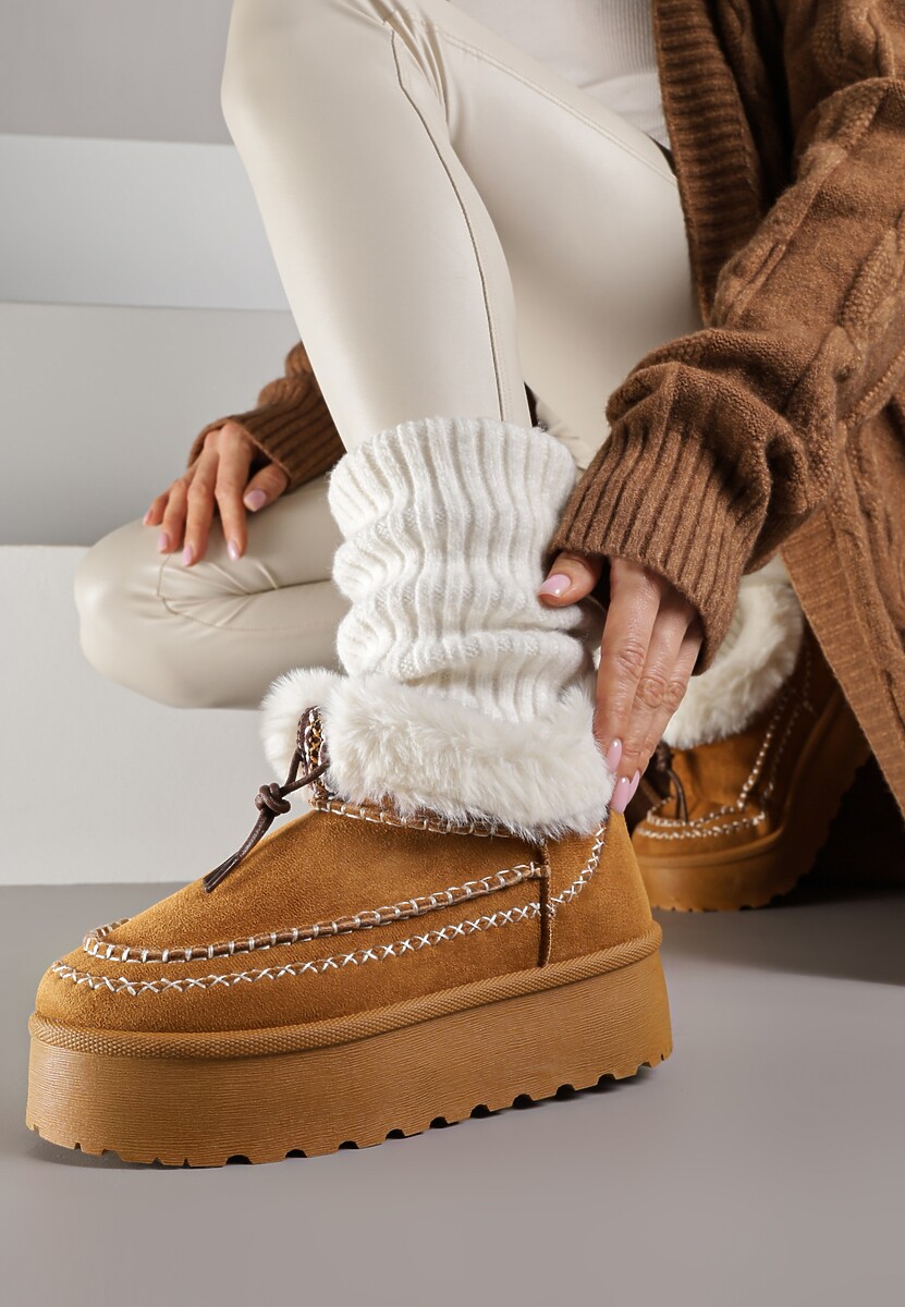 Czarne Śniegowce na Platformie Ozdobione Futerkiem i Przeszyciami Linerva