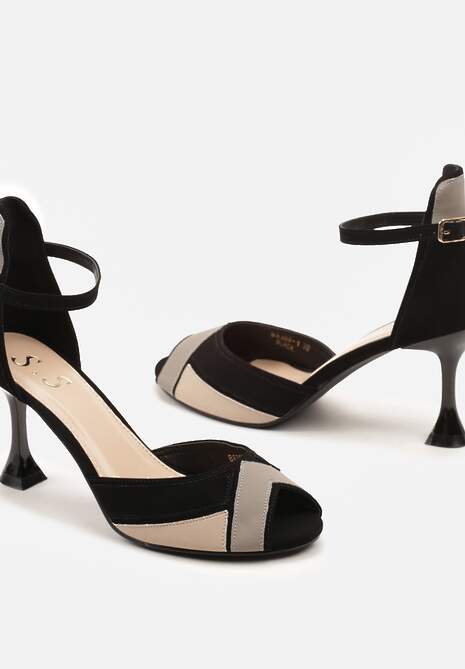 Czarne Geometryczne Sandały w Geometryczny Print na Obcasie Kaczuszce Mirasina