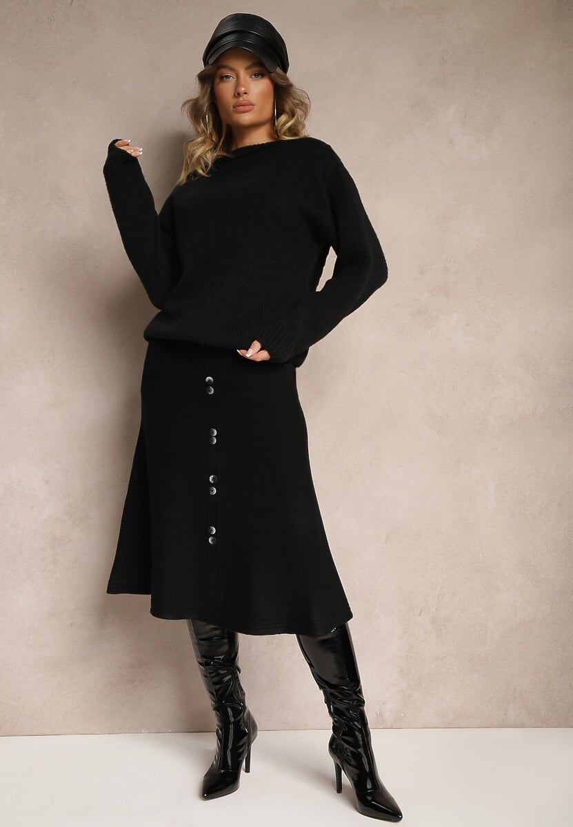 Czarna Spódnica z Dodatkiem Wełny o Rozkloszowanym Kroju z Guzikami Tirezi