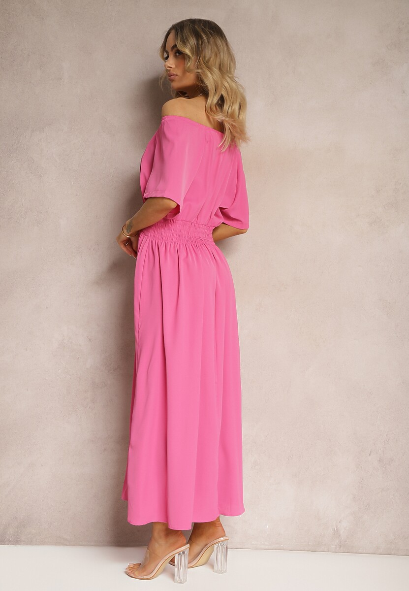 Różowa Rozkloszowana Sukienka z Krótkim Rękawem i Gumką w Talii Katteria