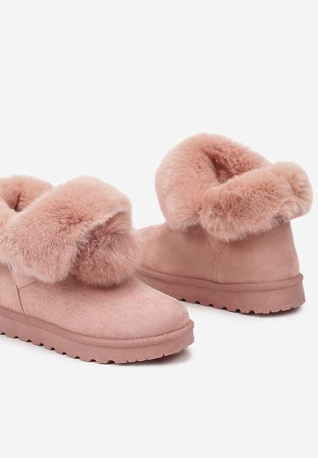 Różowe Śniegowce na Płaskiej Podeszwie z Pomponami z Futerka Seamira