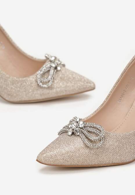 Złote Szpilki z Brokatową Cholewką i Kokardką z Cyrkoniami Yonea