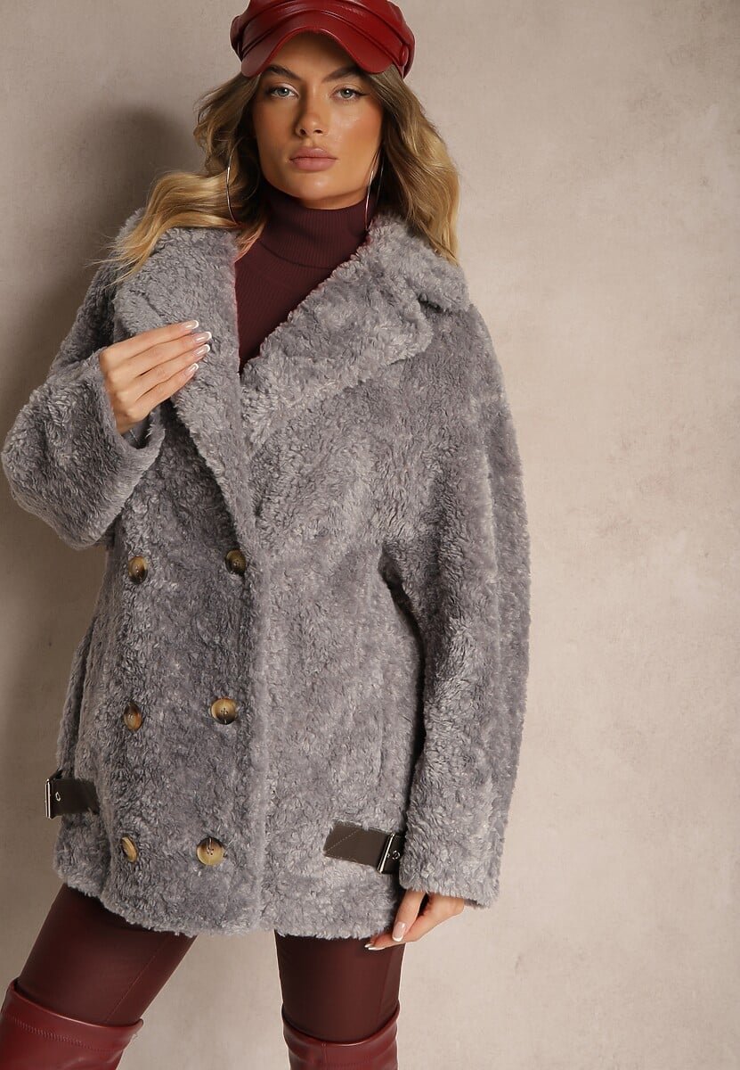 Szara Futrzana Kurtka Typu Baranek z Ozdobnymi Paskami i Dwurzędowym Zapięciem Nikira