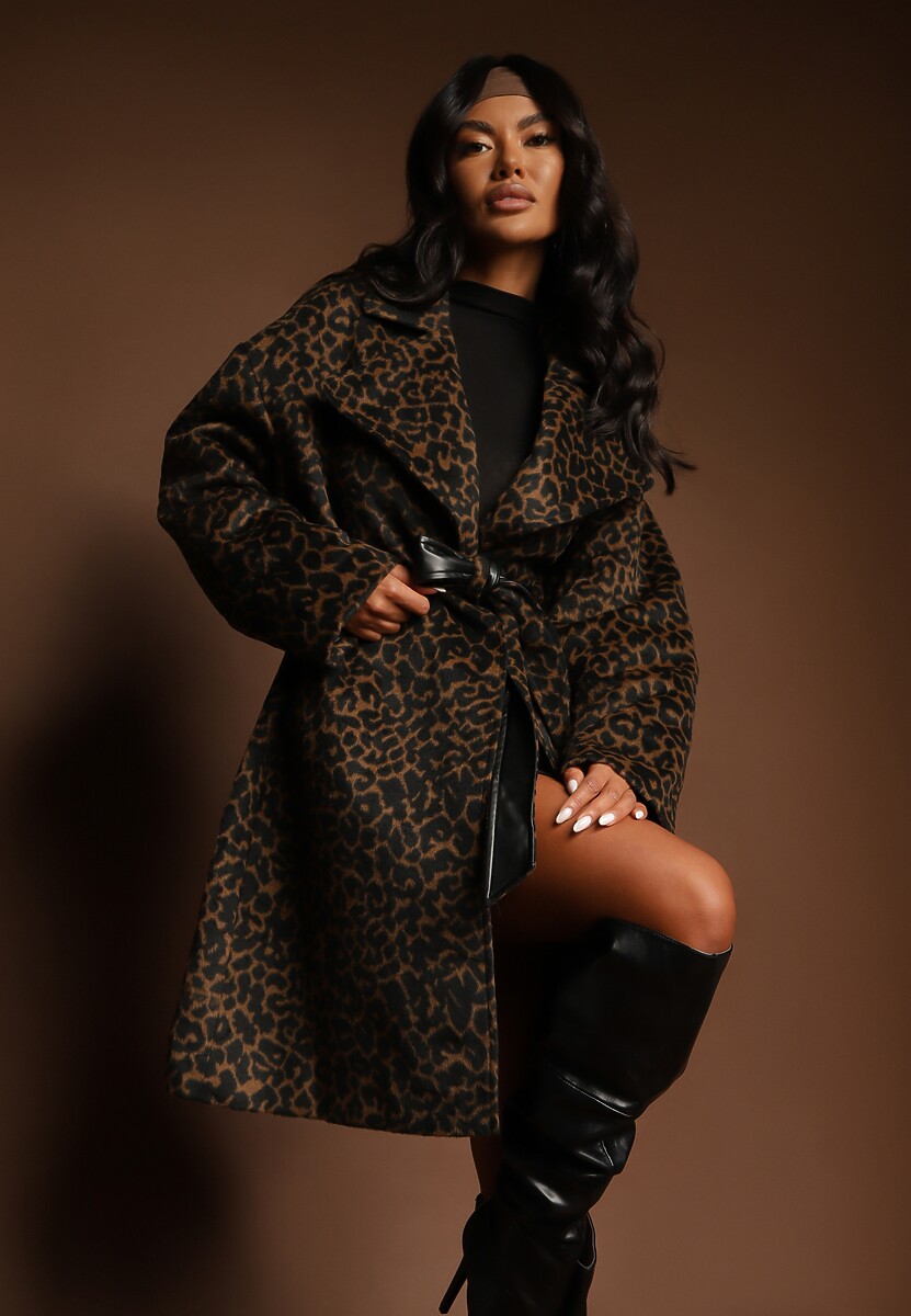 Beżowy Klasyczny Płaszcz Wiązany Paskiem w Talii Aniele