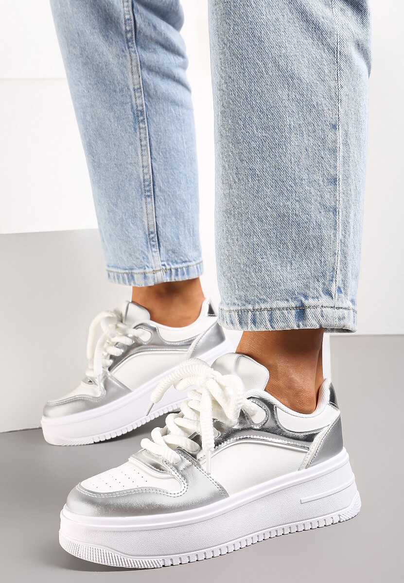 Biało-Srebrne Sneakersy z Cholewką z Licznymi Wstawkami na Grubej Podeszwie Lenarise