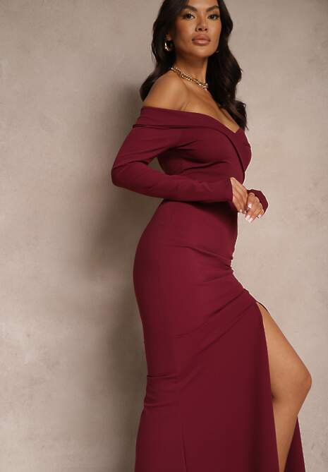 Fioletowa Rozkloszowana Sukienka Hiszpanka o Dopasowanym Kroju z Rozcięciem Tamirell