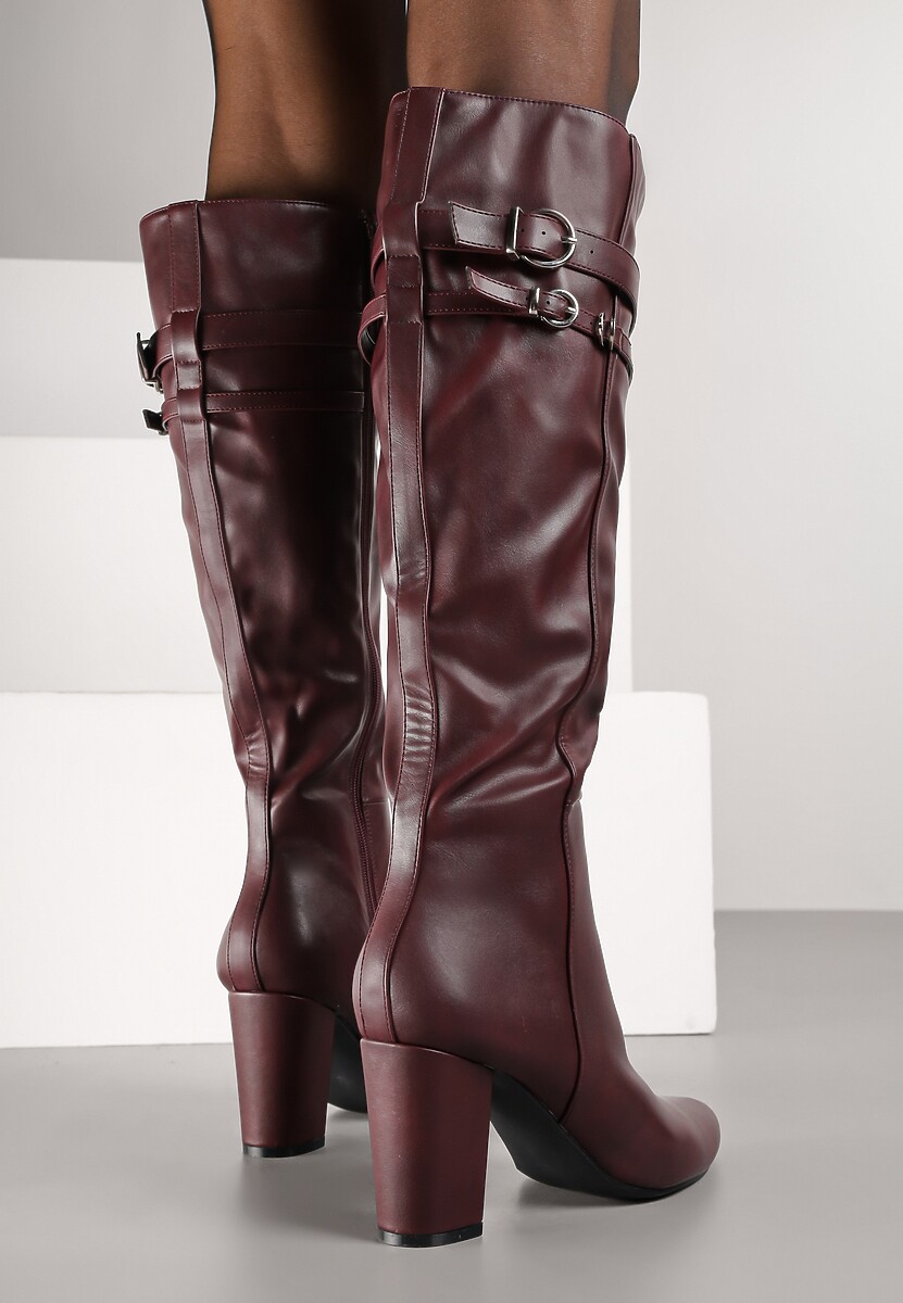 Bordowe Kozaki do Kolan na Słupkowym Obcasie ze Sprzączkami na Paskach Miobela