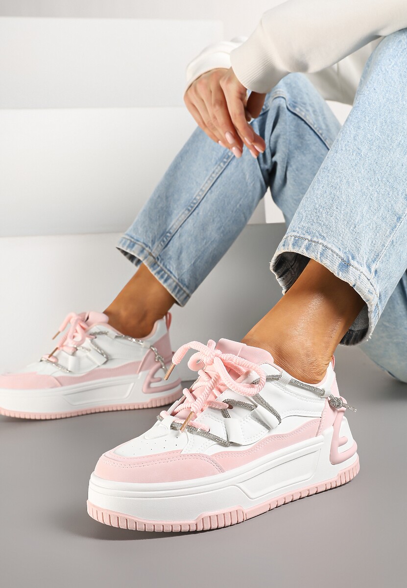 Biało-Szare Sneakersy na Platformie z Paskiem z Cyrkonii Aneolin