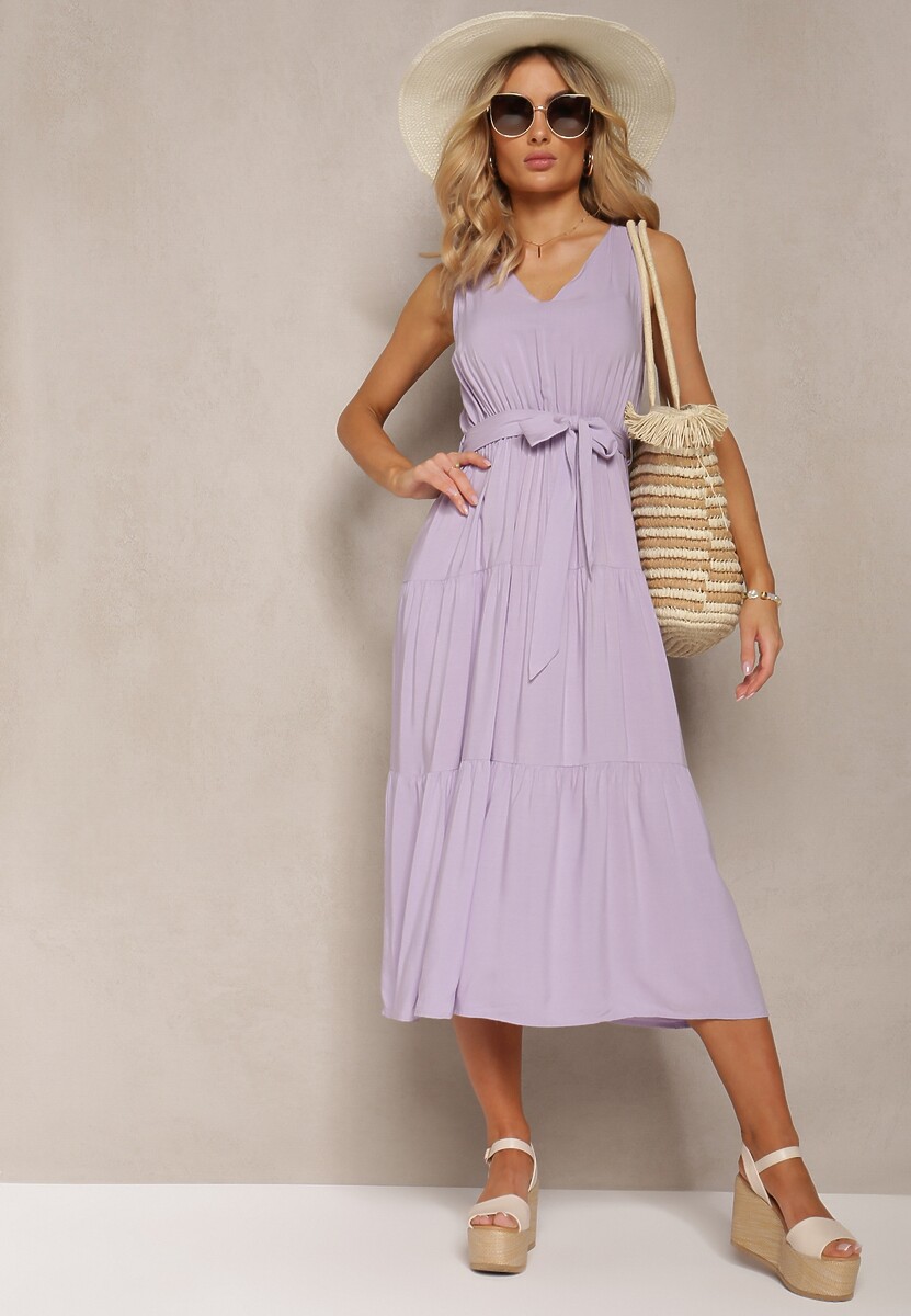 Fioletowa Wiązana Sukienka Midi bez Rękawów z Gumką w Talii Mideyo