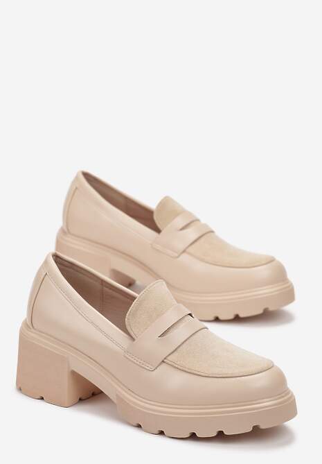 Beżowe Mokasyny na Niewysokim Obcasie i Platformie Clorine