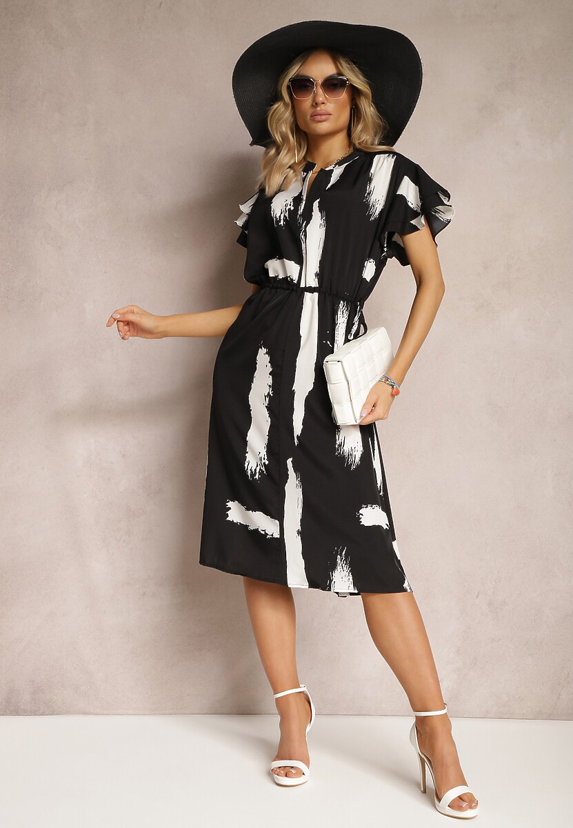 Czarno-Biała Pudełkowa Sukienka z Ozdobnym Wzorem i Sznurkiem w Talii Sidna