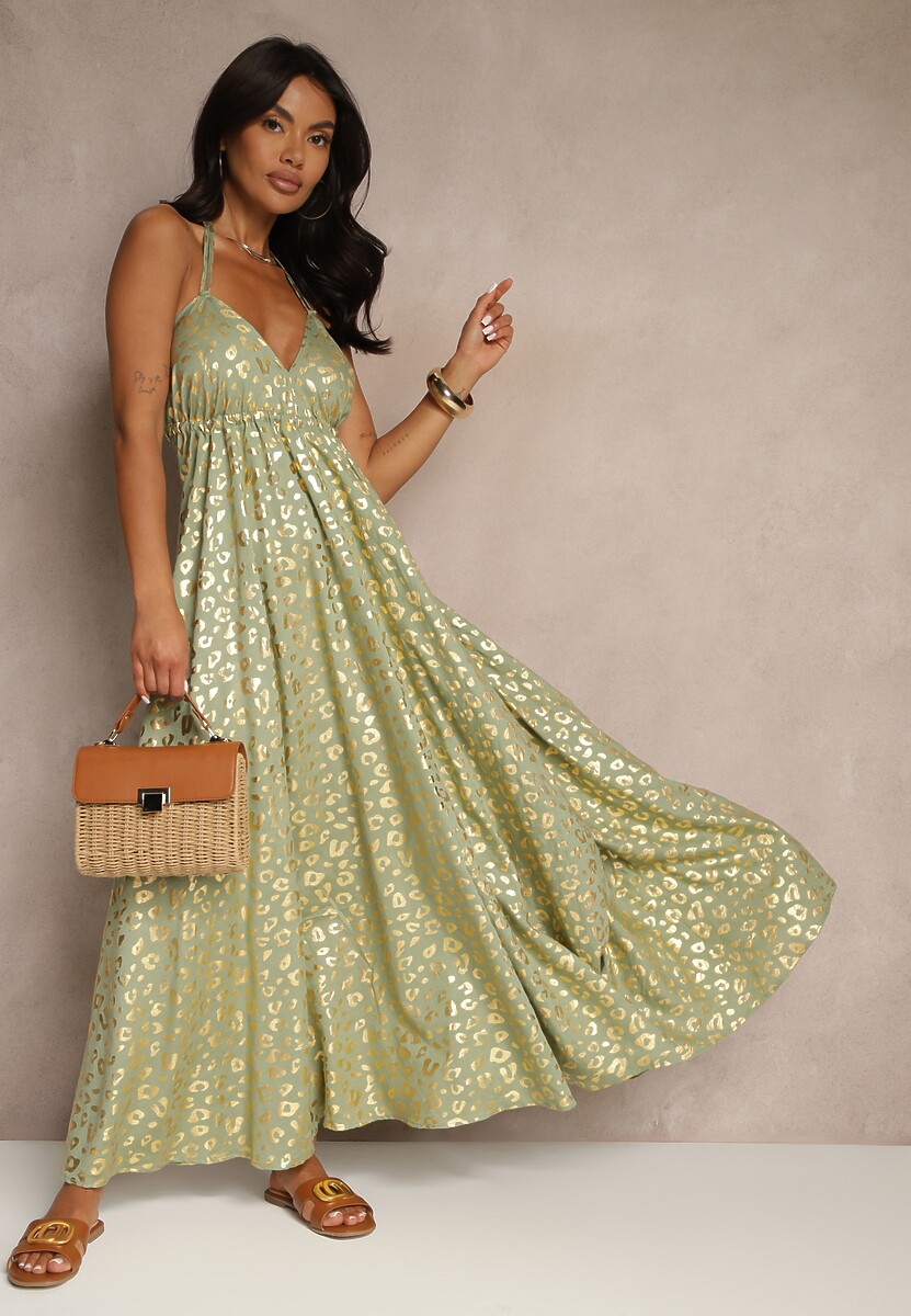 Zielona Wiskozowa Sukienka Halter Zdobiona Metalicznym Nadrukiem w Panterkę Linaruna