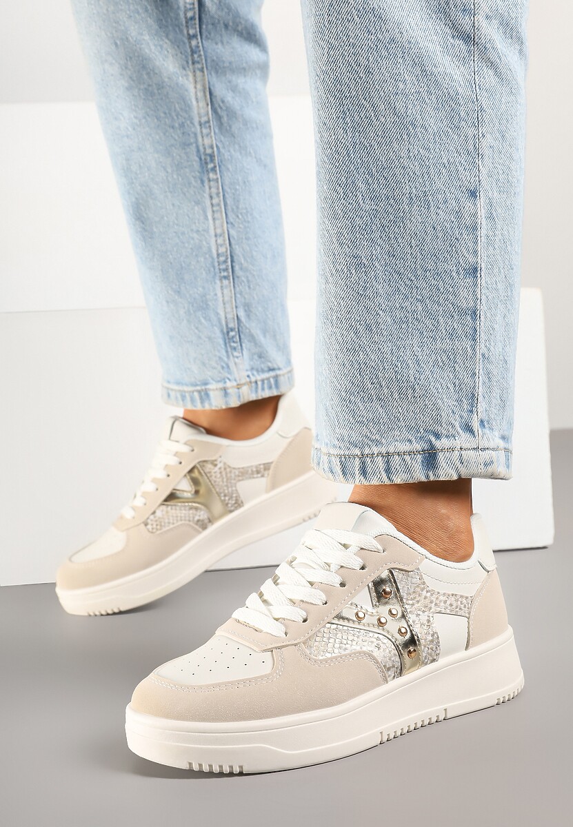 Beżowe Sneakersy Zdobione Metaliczną Aplikacją i Imitacją Skóry Węża Sarivane