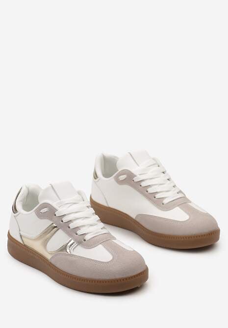 Biało-Złote Sneakersy w Stylu Kultowych Tenisówek z Kauczukową Podeszwą Poseiama