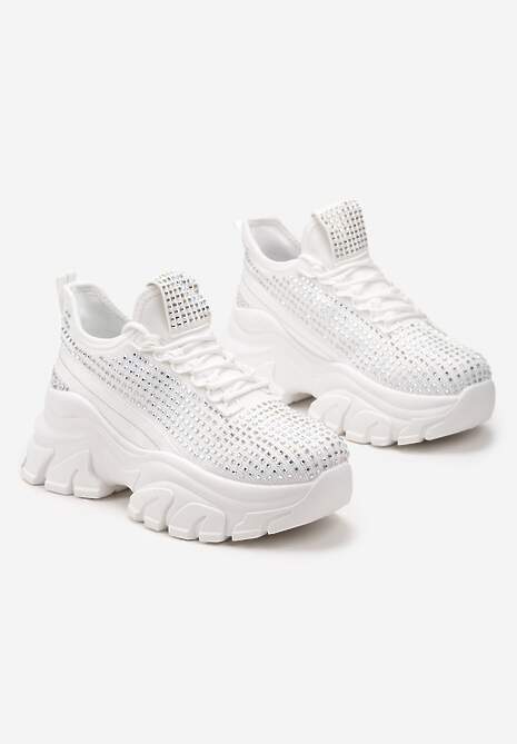 Białe Sneakersy na Platformie z Cholewką z Cyrkoniami Harilena