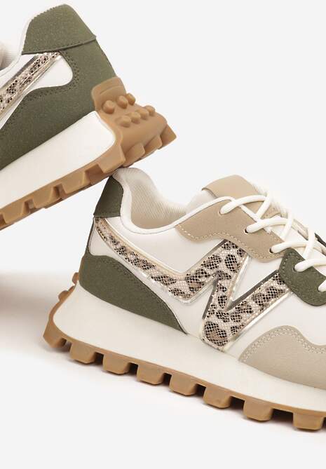 Beżowo-Zoelone Sneakersy Ozdobione Geometrycznym Motywem w Panterkę Annerie