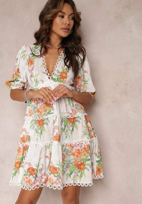 Biała Kwiecista Sukienka Mini z Koronkowymi Wstawkami i Krótkim Rękawem Palosun