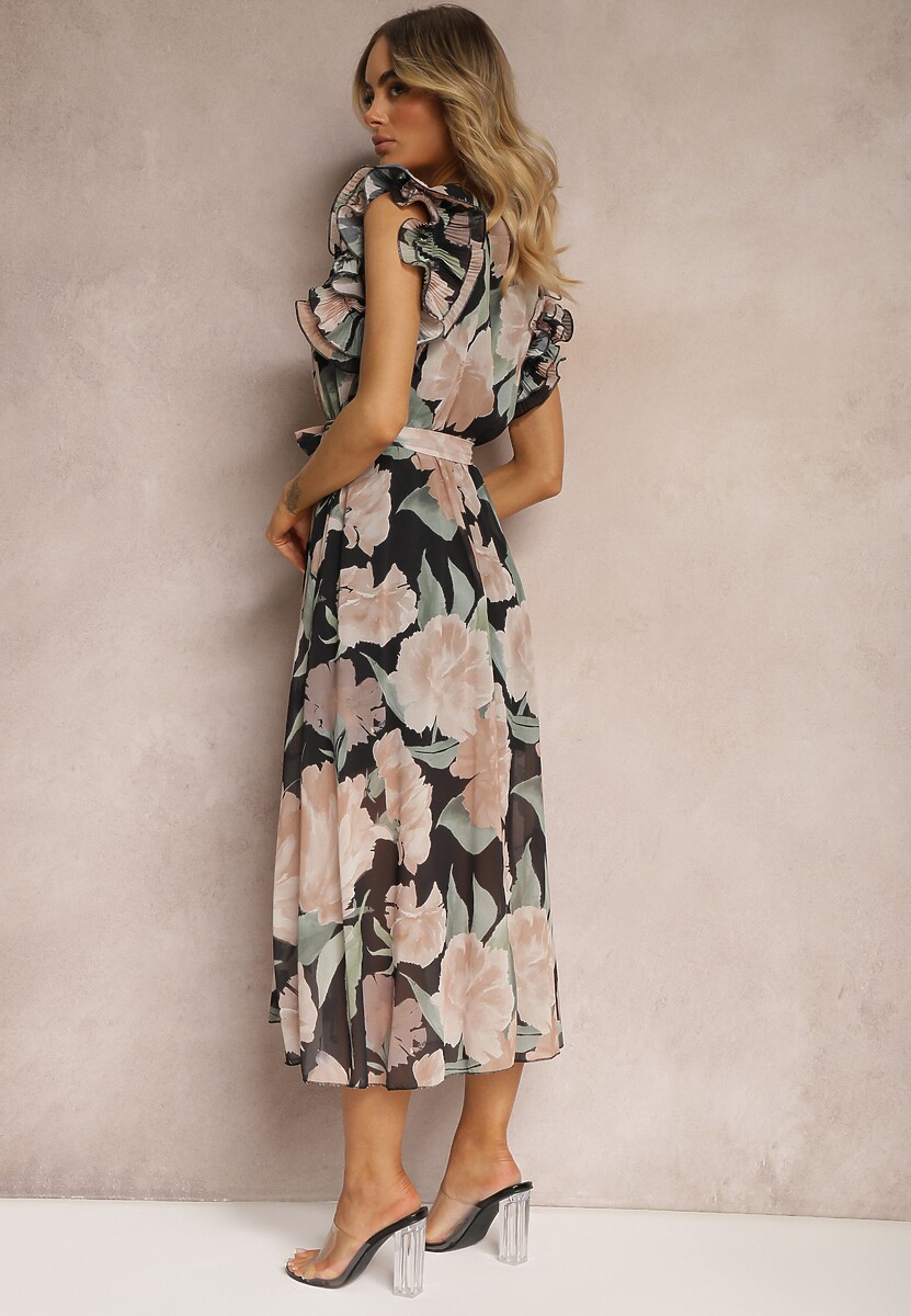 Czarno-Różowa Sukienka z Kopertowym Dekoltem z Gumką w Pasie i Paskiem w Talii z Falbankami Dimrine