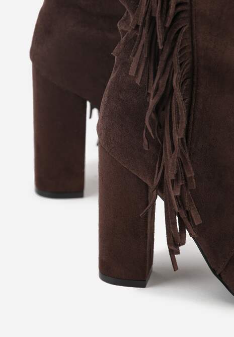 Brązowe Botki Kowbojki na Słupku z Frędzlami Reisetia