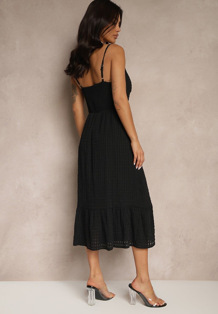 Czarna Rozkloszowana Sukienka z Wiskozą na Cienkich Ramiączkach z Guzikami Efrisela