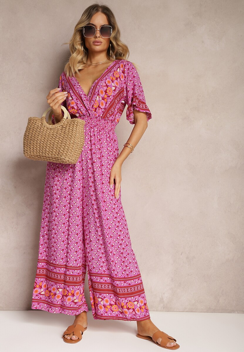 Fioletowy Kopertowy Kombinezon Bawełniany z Cienkimi Gumeczkami w Pasie Zapinany na Szyi Orithiama