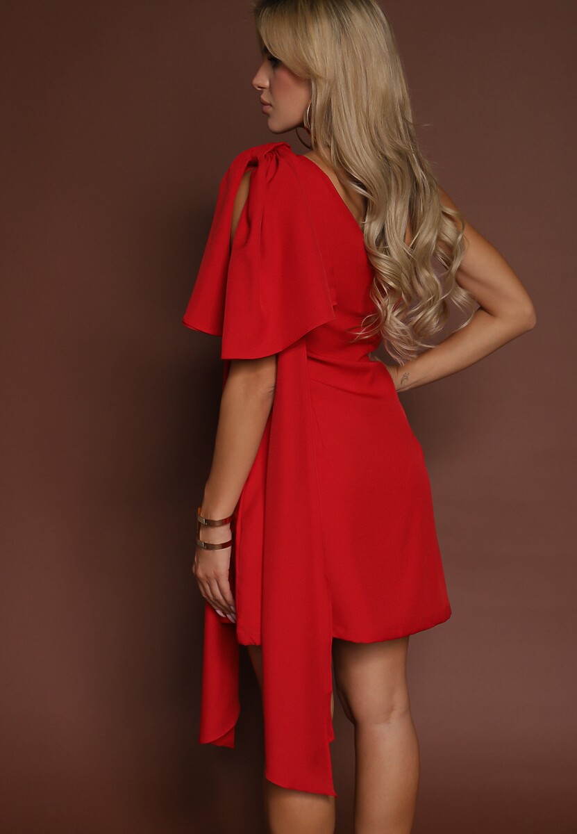 Czerwona Koktajlowa Sukienka Ozdobiona z Boku Kokardą Morisse