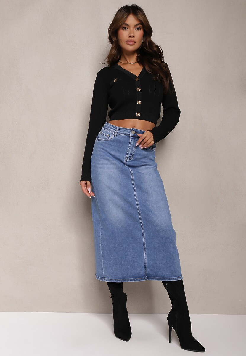 Niebieska Spódnica High Waist Ołówkowa z Przejaśnieniami na Jeansowym Materiale Carolea