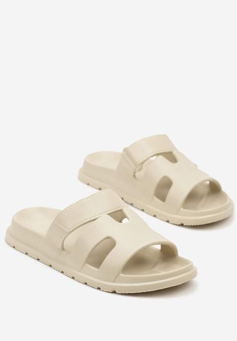 Beżowe Klapki z Pianki Zdobione Geometrycznymi Wycięciami Flenirae